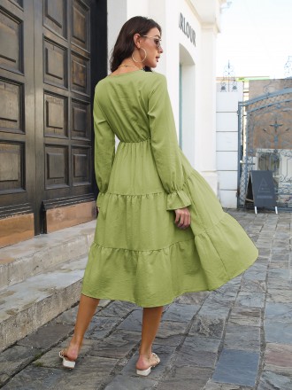 Dress Wholesale Bamboo Jie Mochi dress horn sleeve V -neck big dress mid -long skirt female spring and autumn new model