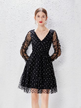 Dress Wholesale Australian niche design Vedic, waist, thin black wave dot dress, A -line gauze skirt female women