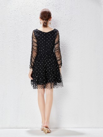 Dress Wholesale Australian niche design Vedic, waist, thin black wave dot dress, A -line gauze skirt female women