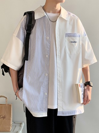 Shirt Wholesale New Summer Fashion Brand Short Sleeve Shirt Men's Fashion Versatile Simple Splice Korean Men's Shirt