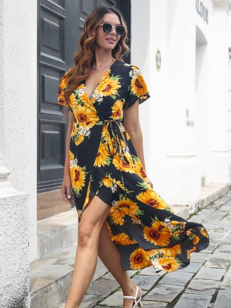 Dress Wholesale Bohemian long skirt, knee length, large hem, ruffled skirt, sunflower holiday style chiffon dress