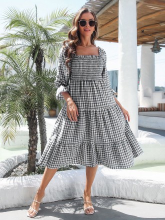 Dress Wholesale Checkered square neck large swing skirt, lantern sleeve, middle sleeve, ruffled edge skirt, medium lengt