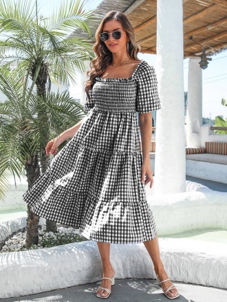 Dress Wholesale Checkered square neck large swing skirt, lantern sleeve, middle sleeve, ruffled edge skirt, medium lengt