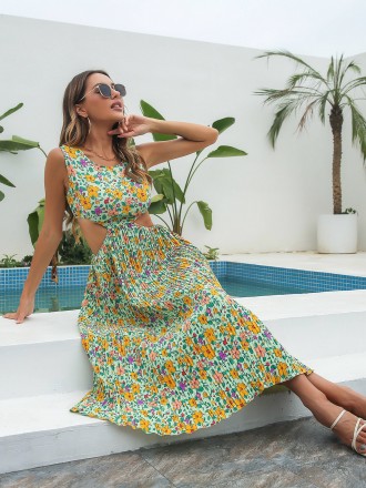 Dress Wholesale Wet pleated skirt, floral dress, female summer exposed waist hollow chiffon large mid -length skirt