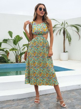Dress Wholesale Wet pleated skirt, floral dress, female summer exposed waist hollow chiffon large mid -length skirt