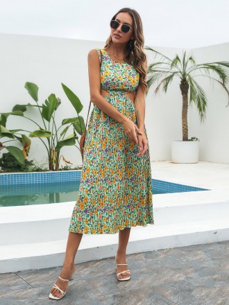 Dress Wholesale Wet pleated skirt, floral dress, female summer exposed waist hollow chiffon large mid -length skirt