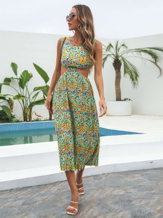 Dress Wholesale Wet pleated skirt, floral dress, female summer exposed waist hollow chiffon large mid -length skirt