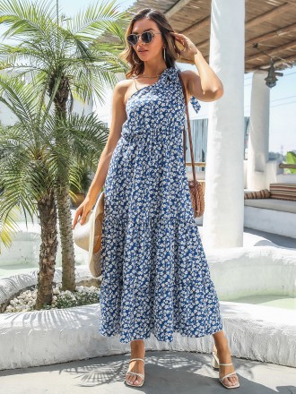 Dress Wholesale Shoulder dress, floral large skirt, female summer new ruffled skirt, back -back A -line skirt