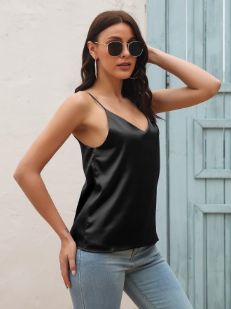 Cami Tank Tops Wholesale Simulated silk mini suspender vest for women wearing V-neck solid color backless top for summer