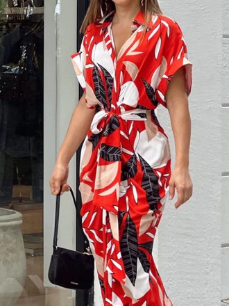Dress Wholesale New large leaf printed Bohemian style long shirt dress