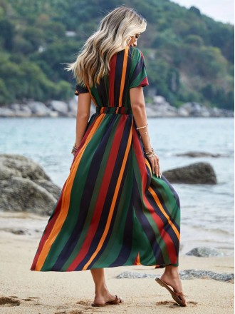 Dress Wholesale The new vertical strip pattern is thin printed Posmian style V -neck long shirt dress