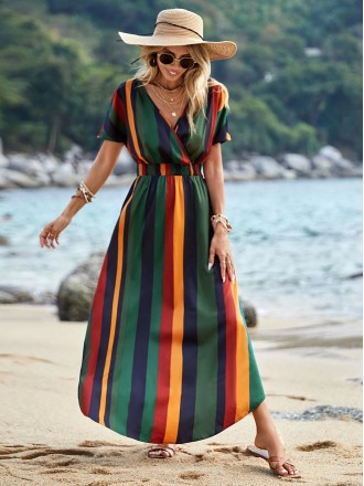 Dress Wholesale The new vertical strip pattern is thin printed Posmian style V -neck long shirt dress