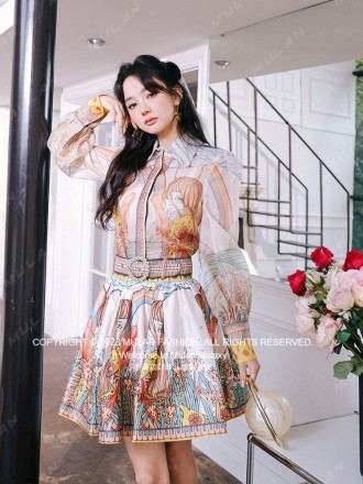 Dress Wholesale The new fashion two -piece lamp sleeve position printing imitation linen shirt+skirt with belt