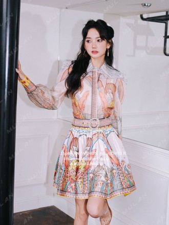 Dress Wholesale The new fashion two -piece lamp sleeve position printing imitation linen shirt+skirt with belt