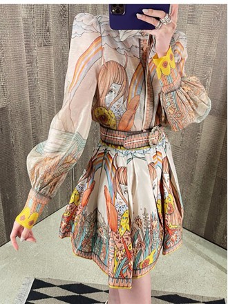 Dress Wholesale The new fashion two -piece lamp sleeve position printing imitation linen shirt+skirt with belt