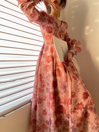 Dress Wholesale Prosperous purple kite romantic French print dress light luxury nail bead lantern sleeve dresses middle 