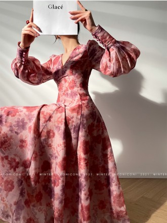 Dress Wholesale Prosperous purple kite romantic French print dress light luxury nail bead lantern sleeve dresses middle 
