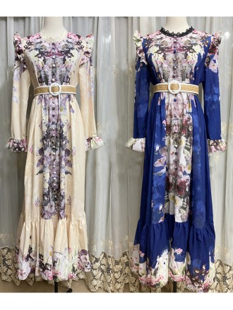 Dress Wholesale Positioning Print stitching lace side single -breed buckle flared sleeve long -sleeved fake wind super l