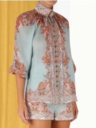 Dress Wholesale Two -piece single -piece buckle collar lamp cotton cotton jacket loose shirt top+shorts vacation set