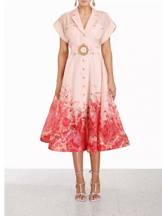 Dress Wholesale Australian big -name dress pink printed V -neck short -sleeved single -breasted waistband long shirt dre