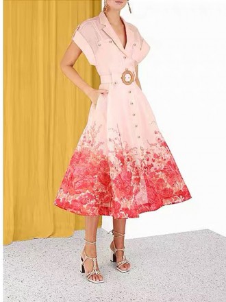 Dress Wholesale Australian big -name dress pink printed V -neck short -sleeved single -breasted waistband long shirt dre
