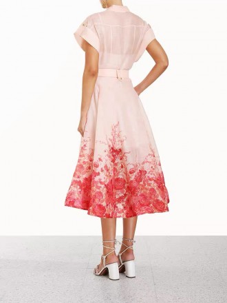 Dress Wholesale Australian big -name dress pink printed V -neck short -sleeved single -breasted waistband long shirt dre
