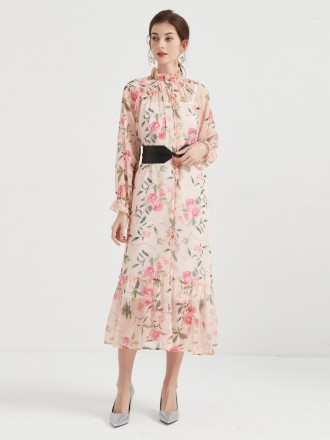 Dress Wholesale Spring and summer women's chiffon printed single -breasted dresses, two -piece temperament elegant middl