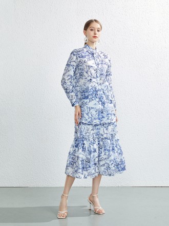 Dress Wholesale Summer new two -piece loose long shirt Roya printed sunscreen top skirt+belt