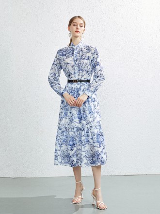 Dress Wholesale Summer new two -piece loose long shirt Roya printed sunscreen top skirt+belt