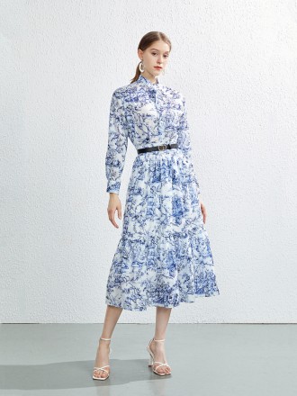 Dress Wholesale Summer new two -piece loose long shirt Roya printed sunscreen top skirt+belt