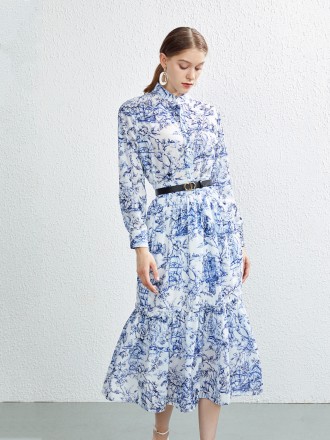 Dress Wholesale Summer new two -piece loose long shirt Roya printed sunscreen top skirt+belt