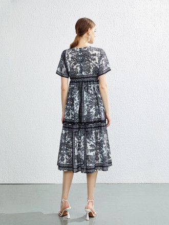 Dress Wholesale European and American women's round neck short -sleeved cotton dress printed retro star with the same sk