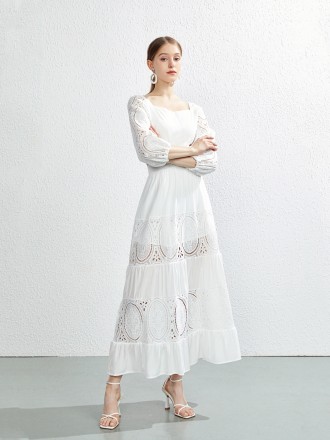 Dress Wholesale Big names the same temperament women's square collar lantern sleeve stitching lace high -end open -back 