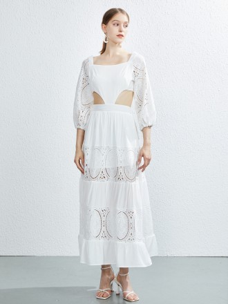 Dress Wholesale Big names the same temperament women's square collar lantern sleeve stitching lace high -end open -back 