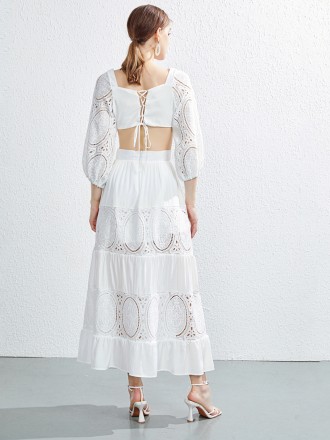 Dress Wholesale Big names the same temperament women's square collar lantern sleeve stitching lace high -end open -back 