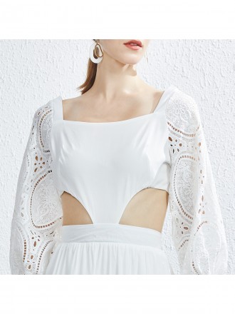 Dress Wholesale Big names the same temperament women's square collar lantern sleeve stitching lace high -end open -back 