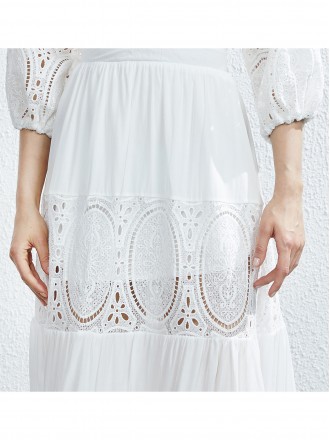 Dress Wholesale Big names the same temperament women's square collar lantern sleeve stitching lace high -end open -back 
