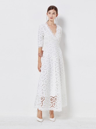 Dress Wholesale French high -end women's white lace V -neck middle sleeve waist and large dress with elegant long skirt