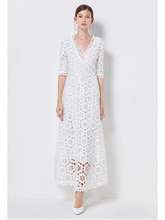Dress Wholesale French high -end women's white lace V -neck middle sleeve waist and large dress with elegant long skirt