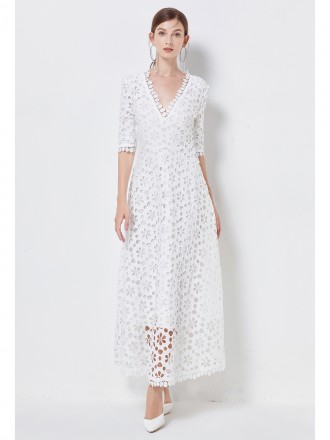Dress Wholesale French high -end women's white lace V -neck middle sleeve waist and large dress with elegant long skirt