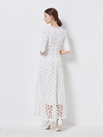 Dress Wholesale French high -end women's white lace V -neck middle sleeve waist and large dress with elegant long skirt