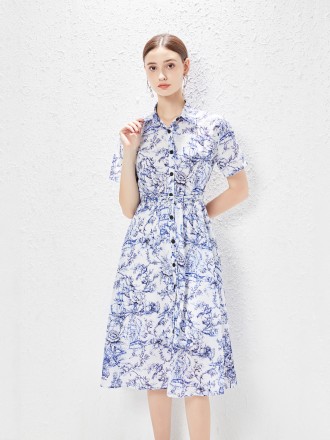 Dress Wholesale Summer new women's printed lapel pocket dress single discharge at work daily skirt