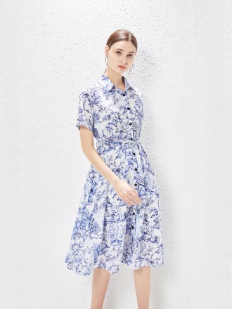 Dress Wholesale Summer new women's printed lapel pocket dress single discharge at work daily skirt