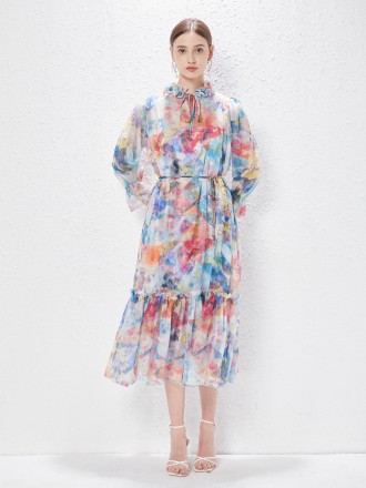 Dress Wholesale European and American women are equipped with collar ear earmime printed flowers, elegant silk sliding t