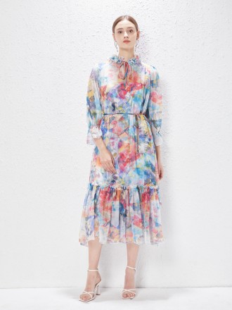 Dress Wholesale European and American women are equipped with collar ear earmime printed flowers, elegant silk sliding t