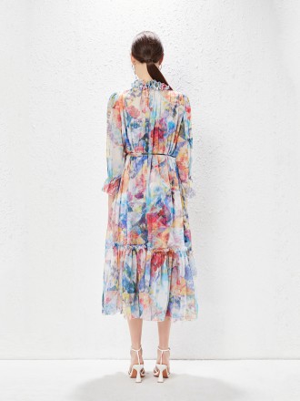Dress Wholesale European and American women are equipped with collar ear earmime printed flowers, elegant silk sliding t