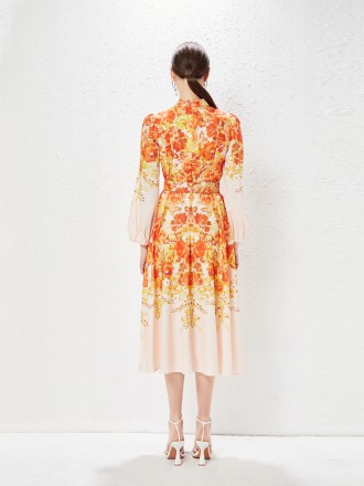 Dress Wholesale Australian temperament women's single -breasted orange positioning printed pocket lantern sleeve dress w