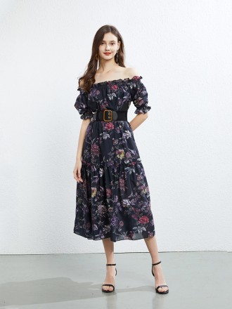 Dress Wholesale High -waist thin printed skirt big vacation shooting skirt with waistband photography vacation red skirt