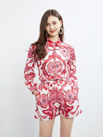 SUITS SEPARATES Wholesale Hutdown color single buckle shirt spring and summer new two -piece shirt shorts suit female