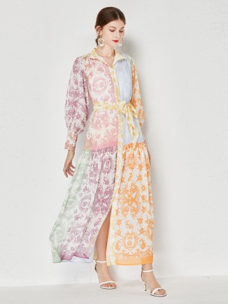 Dress Wholesale Stringing positioning printing lapel single -breasted dress long skirt women's fake wind style elegant s